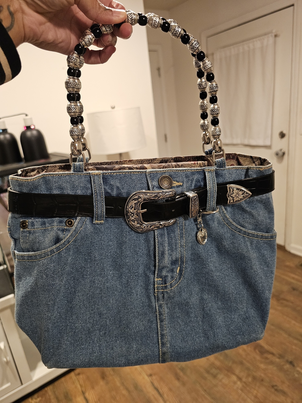 Vintage Y2K Minghaos Upcycled Denim Purse w/ Western Belt & Beaded Handles